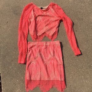 2 Piece Hot Pink Lace Dress Skirt Top